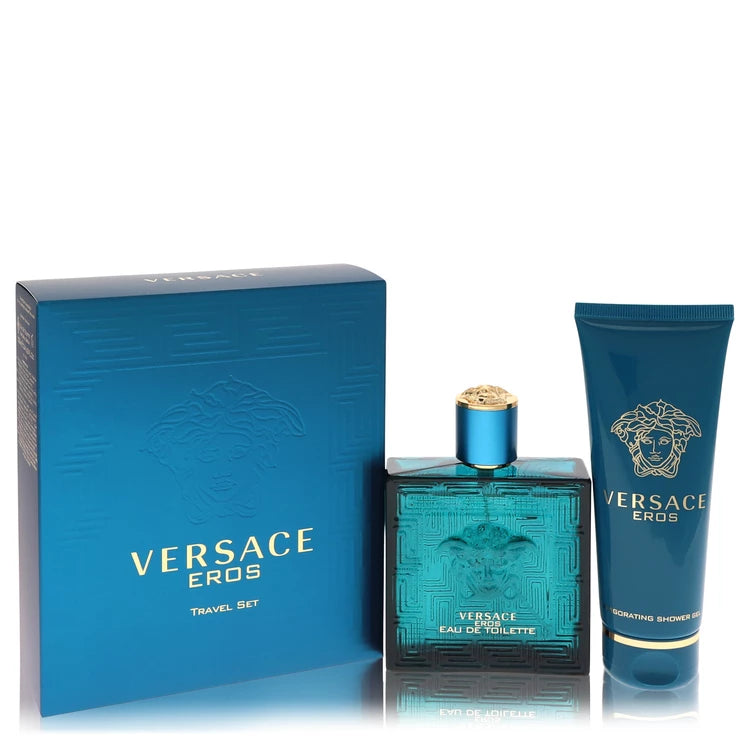Versace Eros men’s gift set with turquoise bottle 100ml eau de toilette and shower gel. only authentic at Scent Haven!