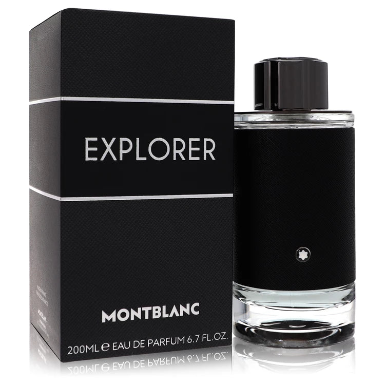 Montblanc Explorer – adventurous woody aromatic scent in black leather-wrapped bottle with silver cap. 200ml