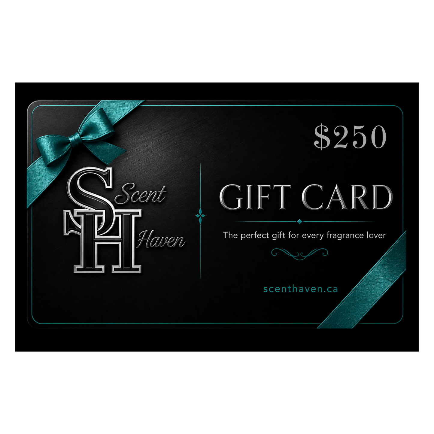 Scent Haven gift card with teal ribbon on a black background $250