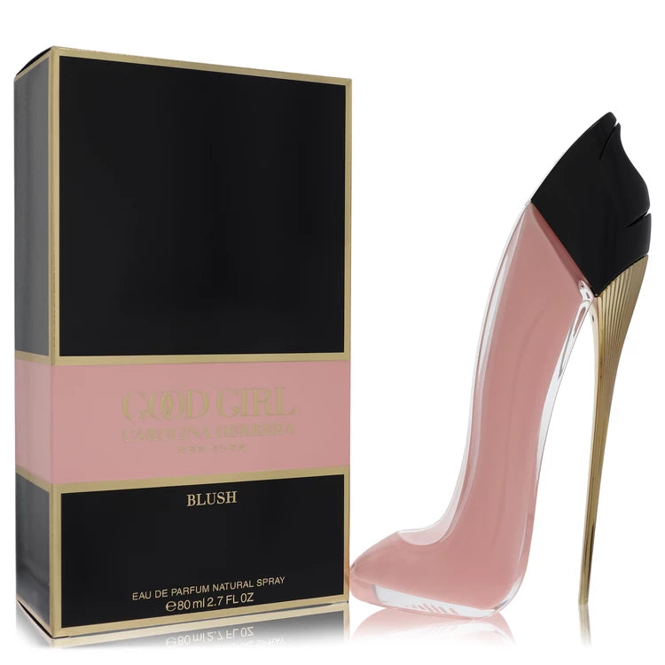 Bottle of Good Girl Blush by Carolina Herrera in pastel pink stiletto design with floral and powdery accents in a light, feminine setting 80ml