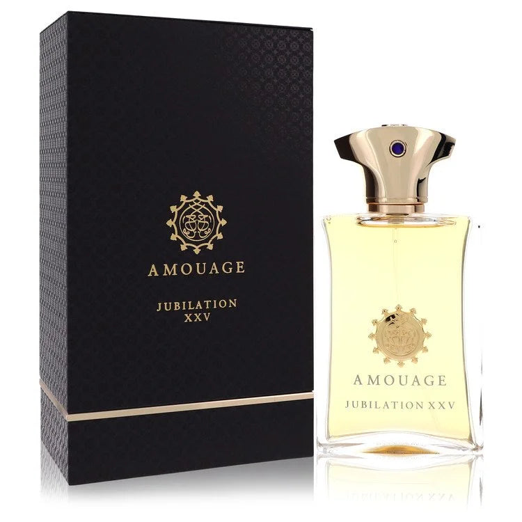 Amouage Jubilation XXV – opulent woody amber fragrance in golden bottle with intricate crest. 100ml