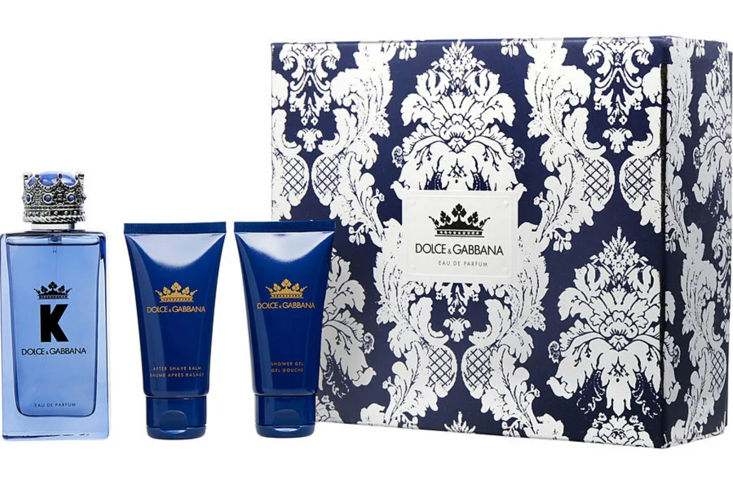 K by Dolce & Gabbana Gift Set – 100ml Eau de Toilette, 50ml Aftershave Balm, and 50ml Shower Gel in royal blue packaging.