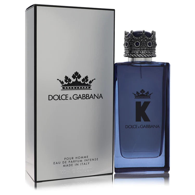 Dolce & Gabbana K Intense – deeper spicy woody scent in dark blue glass bottle with iconic crown cap. 100ml