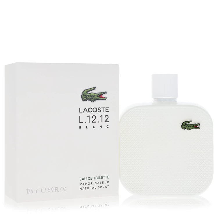 Lacoste L.12.12 Blanc perfume bottle and packaging on a white background 175ml