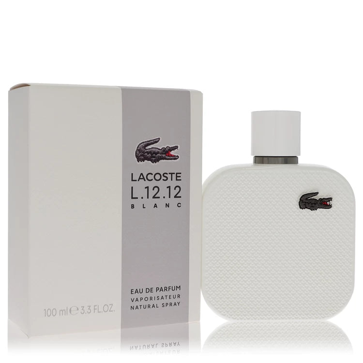 Bottle of Lacoste L.12.12 Blanc Eau de Parfum for Men with sleek white and woody accents in background 100ml