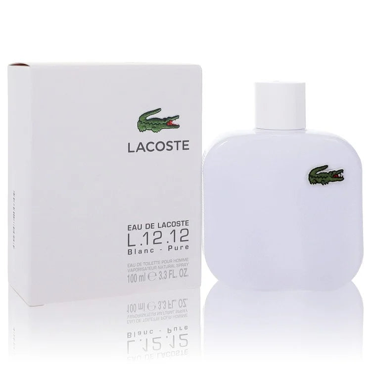 Bottle of Lacoste L.12.12 Blanc Eau de Toilette for Men with white and fresh citrus background 100ml