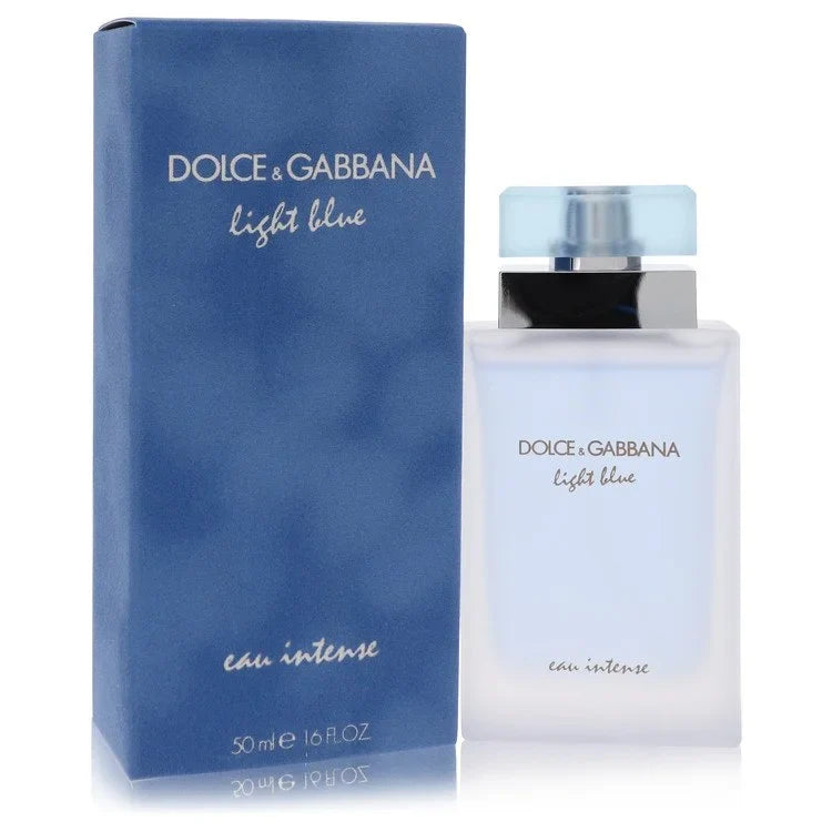Dolce & Gabbana Light Blue Intense for women – deeper citrus floral scent in sleek frosted bottle with silver and blue cap. 50ml