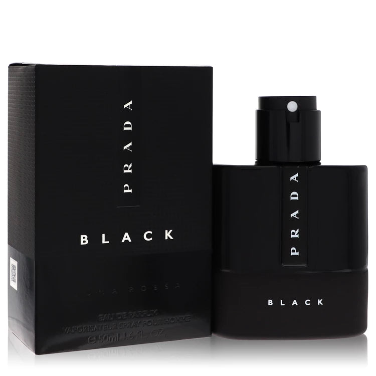 Bottle of Prada Luna Rossa Black Eau de Parfum for Men with sleek black design and moody amber-lit background 50ml