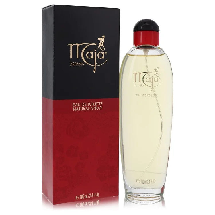 Bottle of Maja by Myrurgia Eau de Toilette with red roses and vintage Spanish-inspired background 100ml