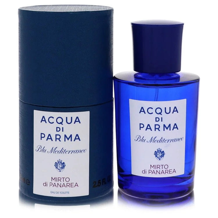 Acqua di Parma Blu Mediterraneo Mirto di Panarea – fresh aromatic fragrance in deep blue cylindrical bottle. 75ml
