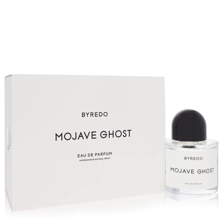 Byredo Mojave Ghost – soft woody floral perfume in minimalist clear bottle with black cap. 100ml