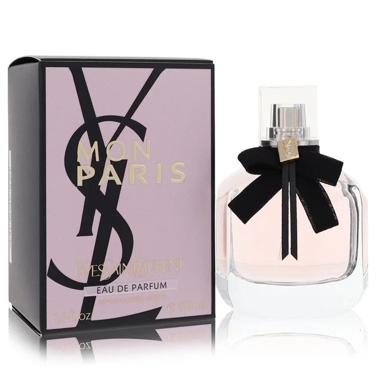 YSL Mon Paris – sweet fruity floral perfume in faceted pink glass bottle with black bow tie. 50ml