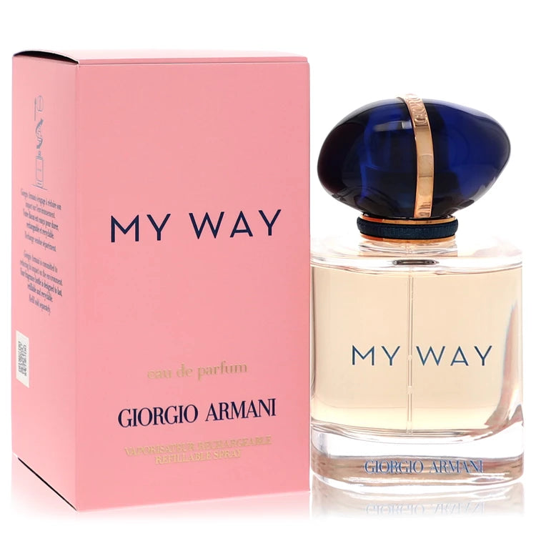 Armani My Way – bright white floral women’s perfume in pink bottle with navy and gold cap. 50ml