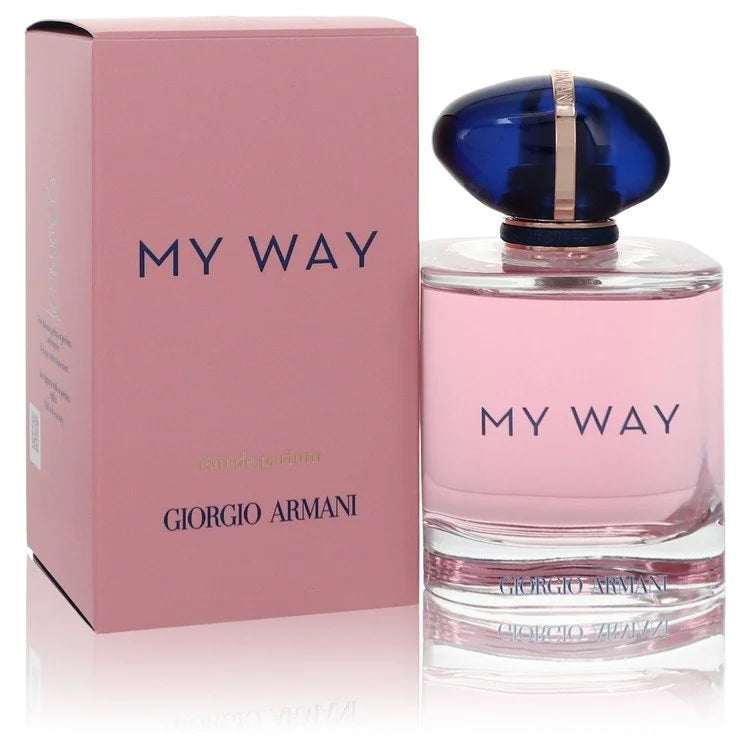 Armani My Way – bright white floral women’s perfume in pink bottle with navy and gold cap. 90ml