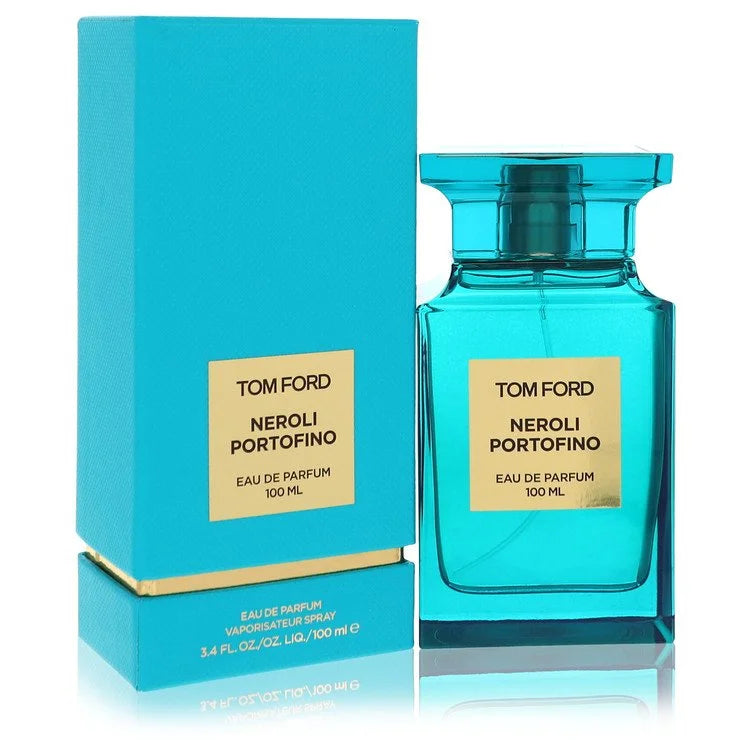 Tom Ford Neroli Portofino Eau de Parfum luxury unisex fragrance in an elegant turquoise-blue Private Blend bottle with a matching cap and gold label, featuring bergamot, neroli and orange blossom.
100ml