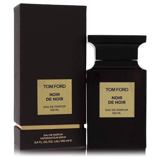 Tom Ford Noir de Noir Eau de Parfum luxury unisex fragrance in a dark Private Blend bottle with a matching cap and gold-toned label, featuring black rose, saffron, black truffle and oud. 100ml