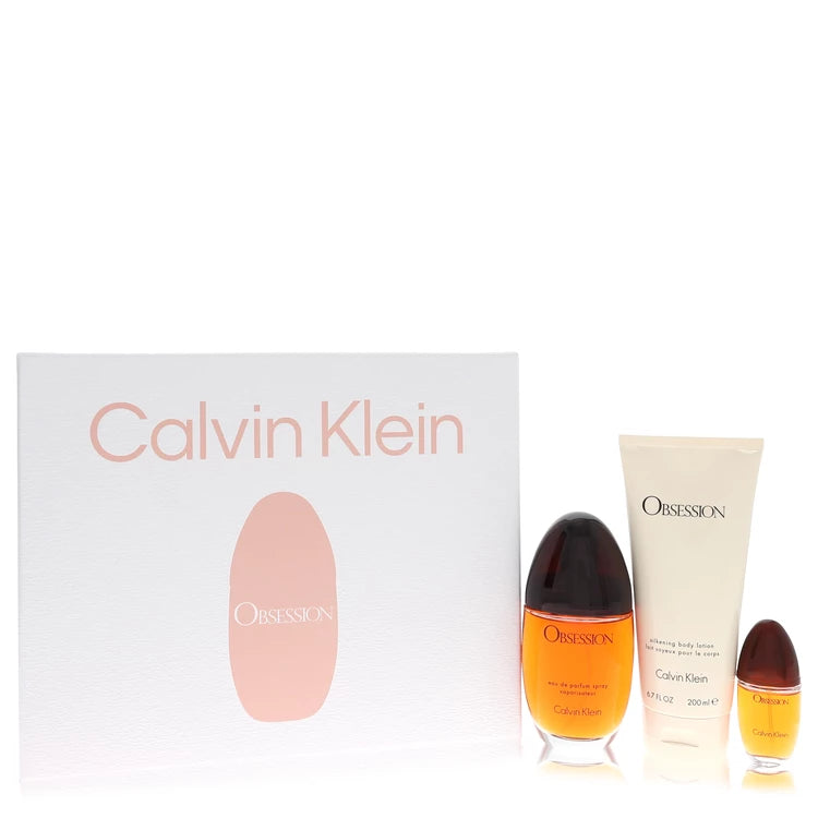 Calvin Klein Obsession Gift Set – 100ml Eau de Parfum, 200ml Body Lotion, and 15ml Mini Spray in warm amber-toned packaging.