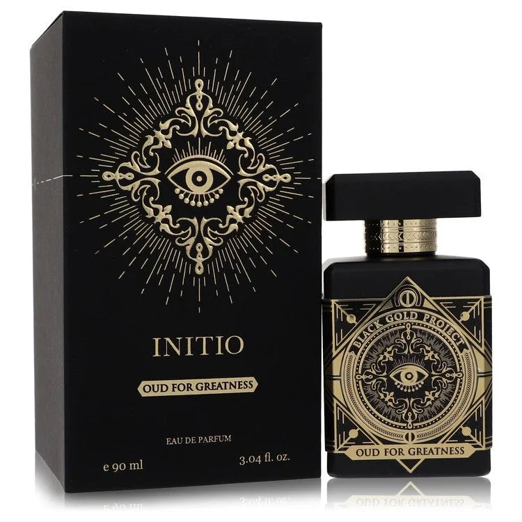 Initio Oud for Greatness – powerful oud and spice fragrance in bold black bottle with gold sacred geometry design. 90ml