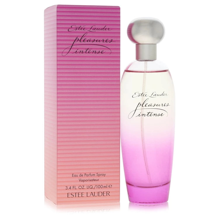 Estée Lauder Pleasures Intense perfume bottle and packaging on a white background 100ml