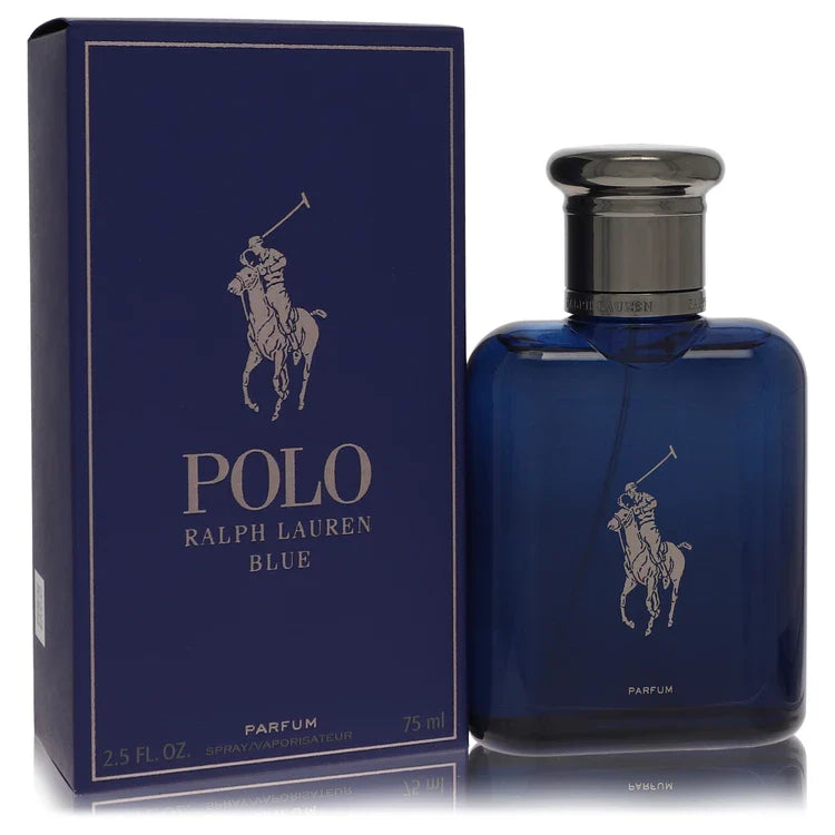 Ralph Lauren Polo Blue Parfum – refined woody marine fragrance in deep blue bottle with gold collar. 75ml Refillable