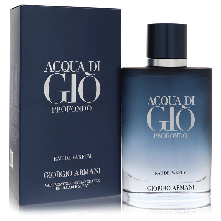Armani Acqua di Gio Profondo – deep marine fragrance in dark blue frosted bottle. 100ml refillable