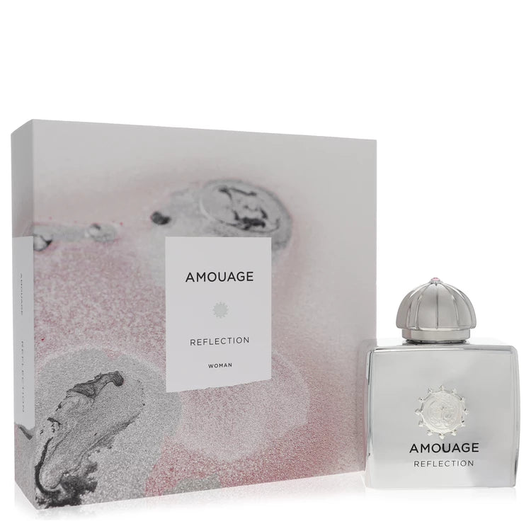 Amouage Reflection – elegant white floral fragrance in sleek silver bottle with refined curves. 100ml