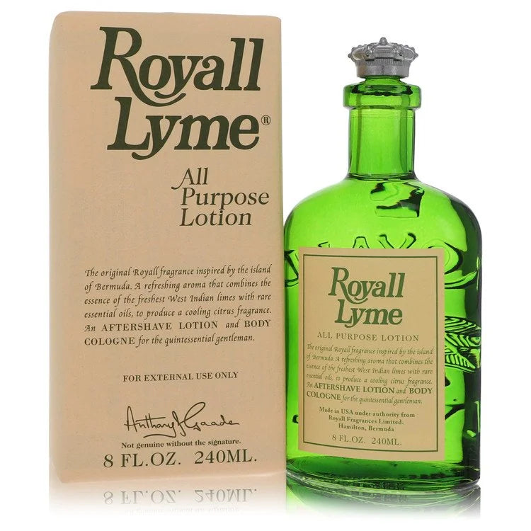 Bottle of Royall Lyme Bermuda Eau de Toilette 240ml with tropical greenery and lime imagery