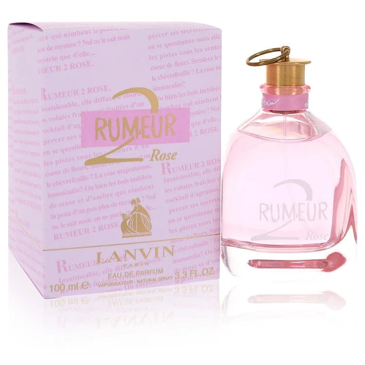 Pink Lanvin Rumeur 2 Rose perfume bottle and packaging on a white background 100ml