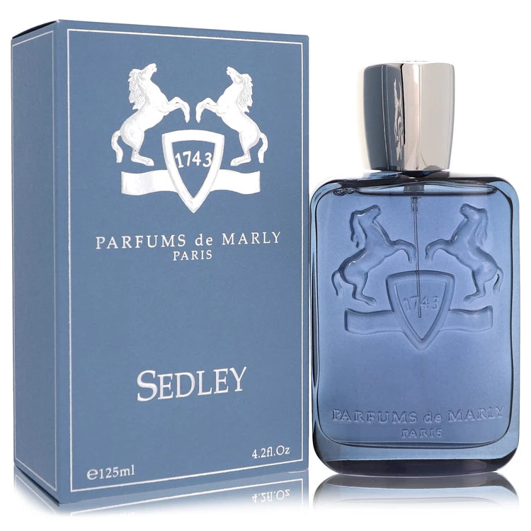 Parfums de Marly Sedley Eau de Parfum luxury fragrance in a metallic blue bottle, featuring refreshing bergamot, spearmint, lavandin, sandalwood and white musk. 125ml