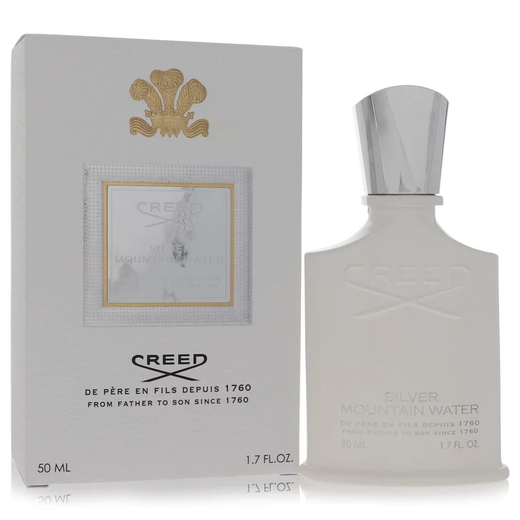 Creed Silver Mountain Water – crisp citrus and tea fragrance in white bottle with silver cap. 100ml