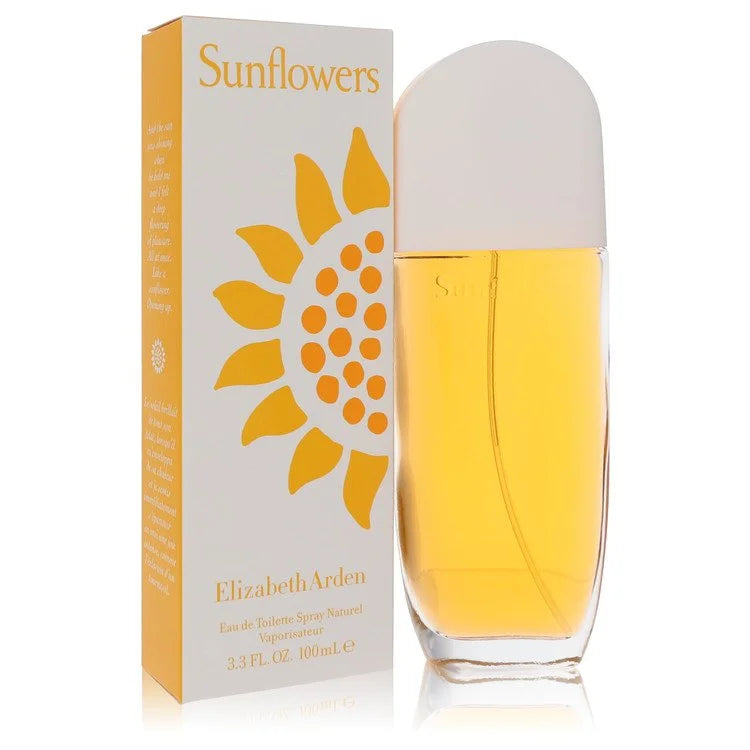 Elizabeth Arden Sunflowers perfume bottle and packaging on a white background 100ml
