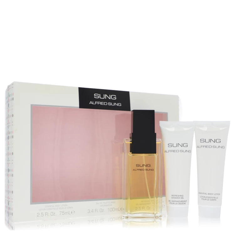 Sung by Alfred Sung Gift Set – 100ml Eau de Toilette, 75ml Body Lotion, and 75ml Shower Gel in classic white and silver packaging.