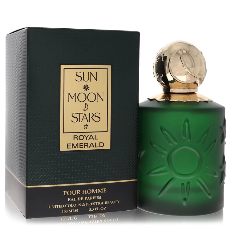 Green perfume bottle with gold cap next to its packaging on a white background 100ml