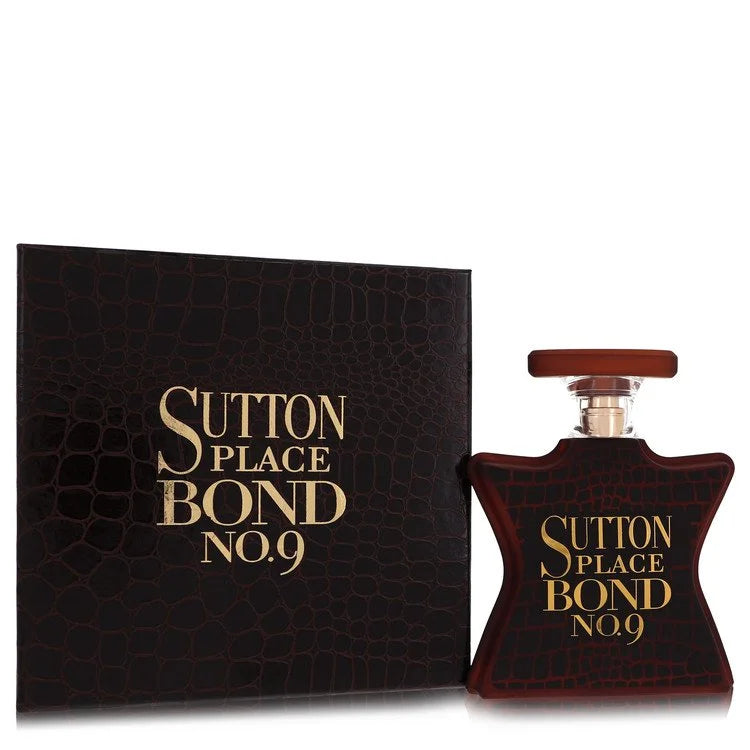 Bottle of Sutton Place by Bond No. 9 Eau de Parfum with dark gold detailing and a sleek, urban New York backdrop 100ml