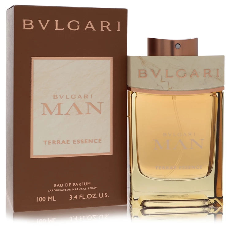 Bulgari Man Terrae Essence perfume bottle and packaging on a white background 100ml