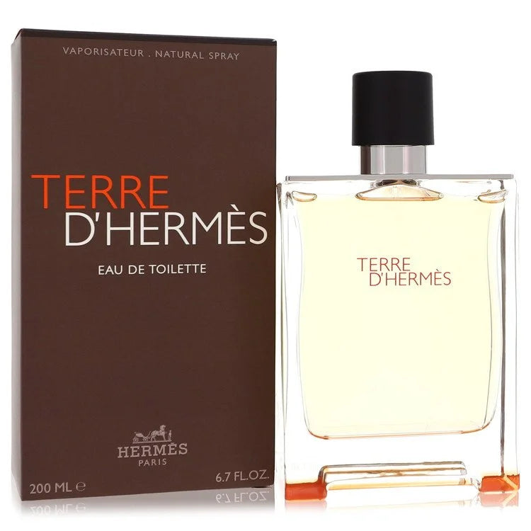 Hermès Terre d’Hermès – iconic woody spicy men’s scent in minimalist clear glass bottle with orange detail. 50ml