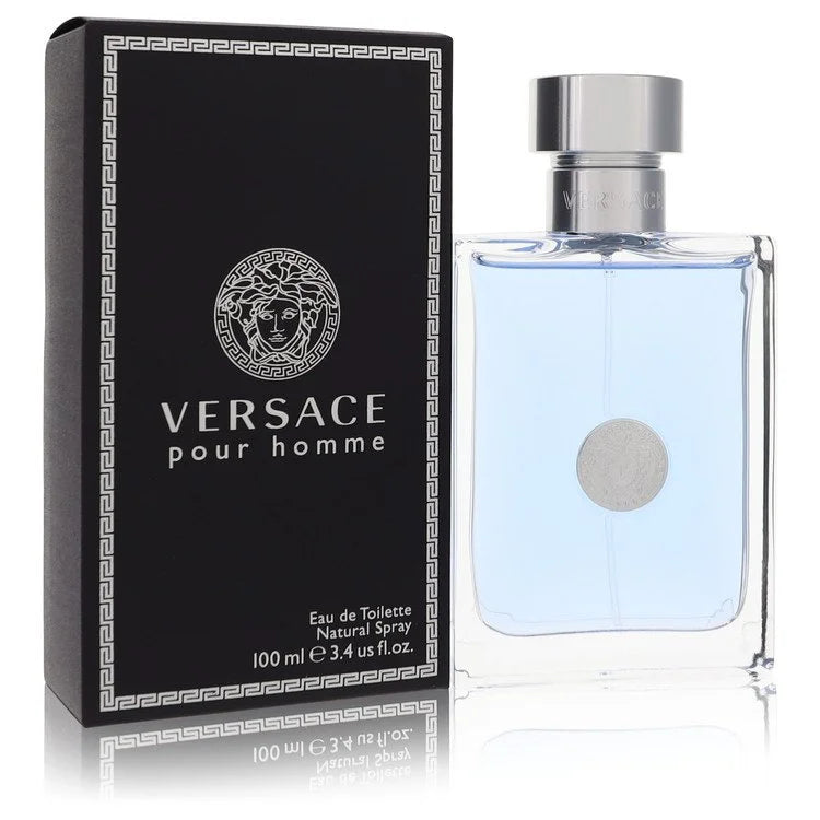 Versace Pour Homme – classic citrus aromatic scent in clear glass bottle with silver accents. 100ml