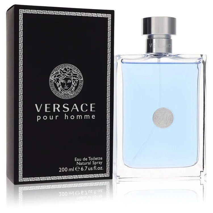 Versace Pour Homme – classic citrus aromatic scent in clear glass bottle with silver accents. 200ml