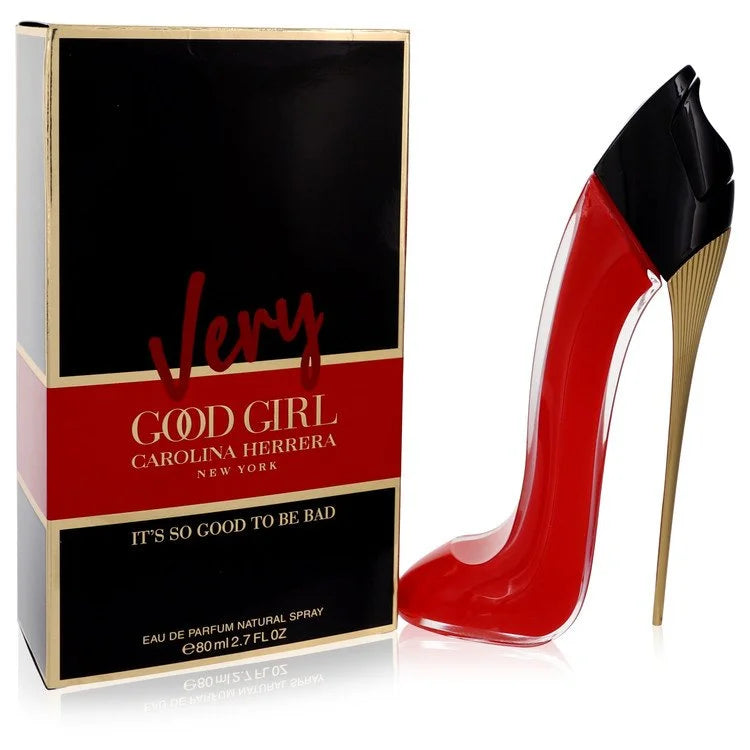 Bottle of Very Good Girl by Carolina Herrera in bold red stiletto design with romantic rose and fruity accents in the background 80ml