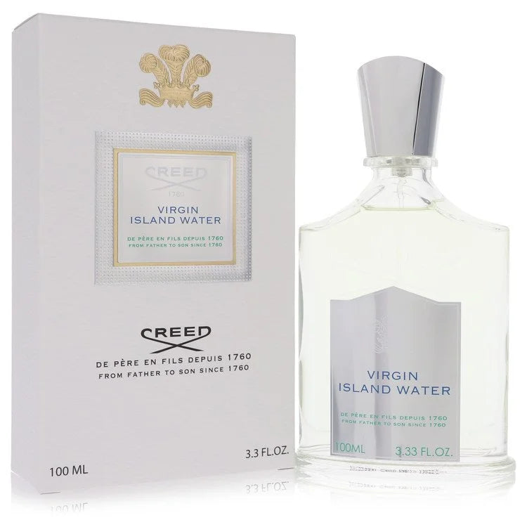 Creed Virgin Island Water – tropical coconut and lime fragrance in clear bottle with silver detailing. 100ml