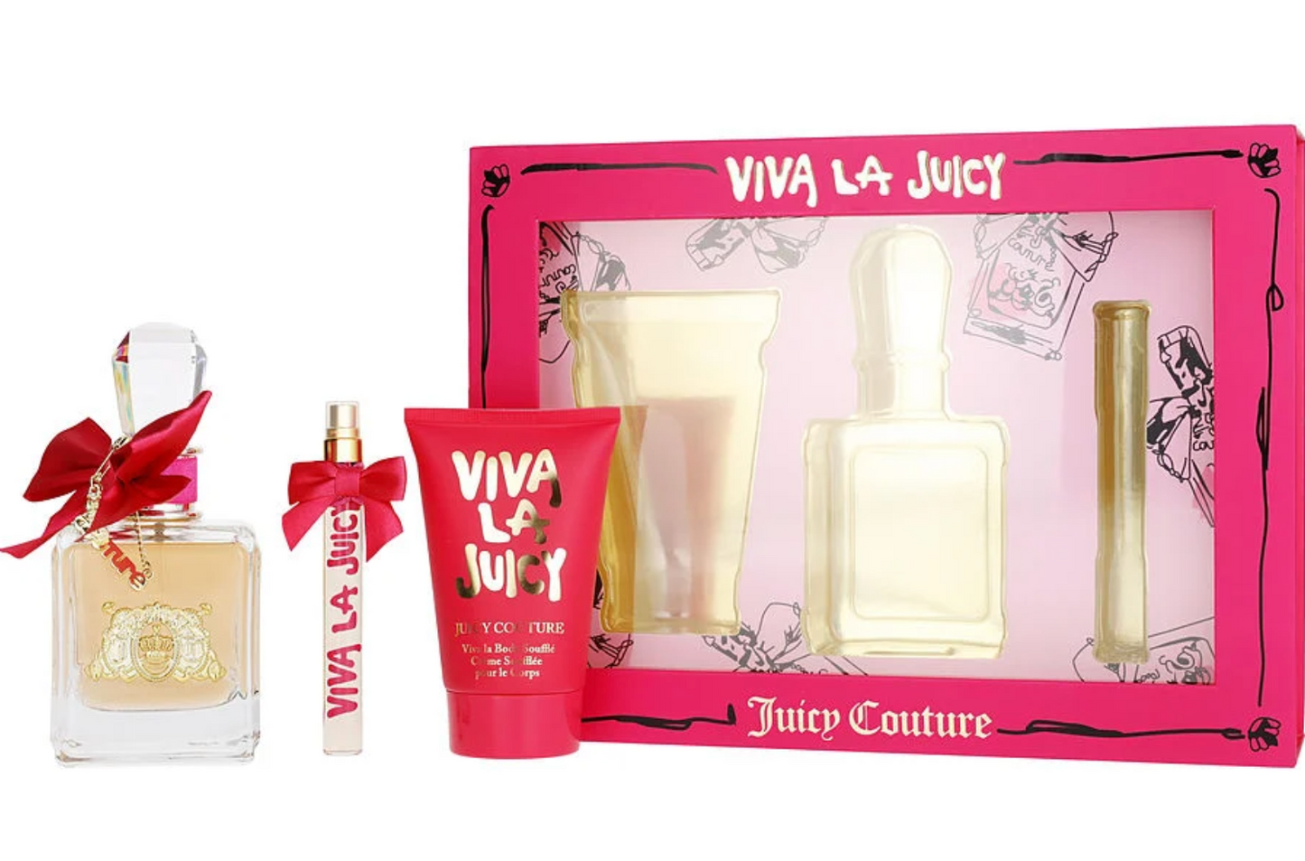 Viva La Juicy Gift Set – 100ml Eau de Parfum, 125ml Body Soufflé, and 10ml Travel Spray in vibrant pink and gold packaging.