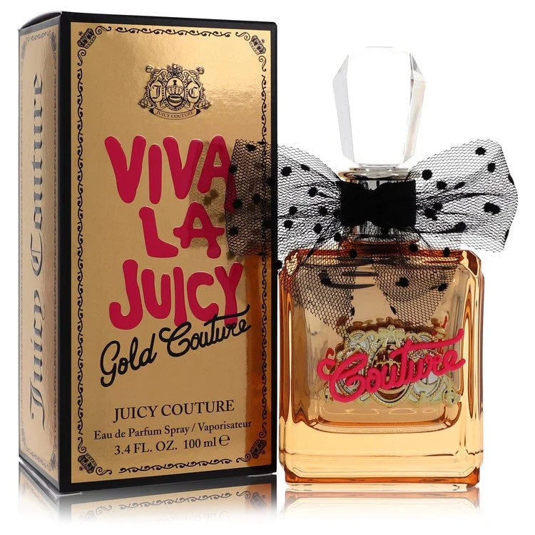 Viva La Juicy Gold Couture perfume – caramel and vanilla scent in luxe gold bottle with pink bow. 100ml