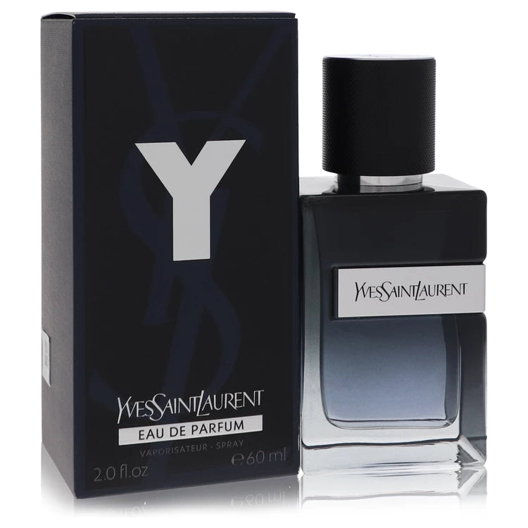 Yves Saint Laurent Y Eau de Parfum luxury men's fragrance in a sophisticated dark blue gradient glass bottle with the iconic silver Y logo, featuring green apple, bergamot, ginger, sage, amberwood and tonka bean. 60ml