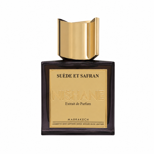Nishane Suède Et Safran Extrait de Parfum in a dark brown glass bottle with a prominent gold label and a matching gold cap, set against a plain white background. 50ml
