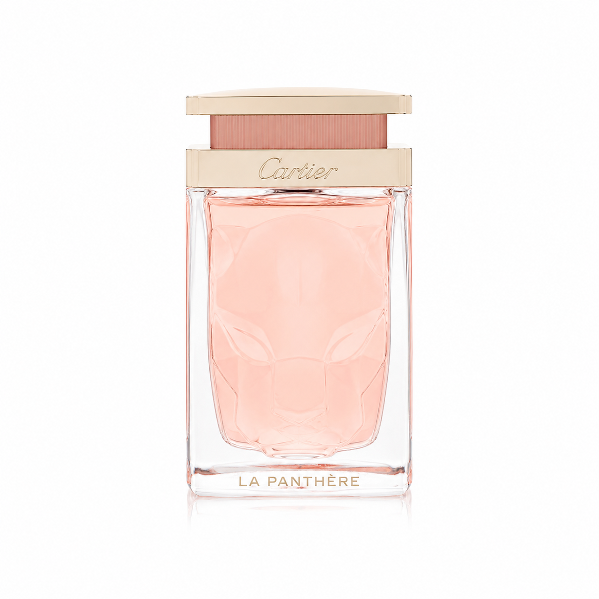 Cartier La Panthère Eau de Toilette perfume bottle with a clear glass body, pale pink liquid, and a beige cap, centered on a white background. 100ml
