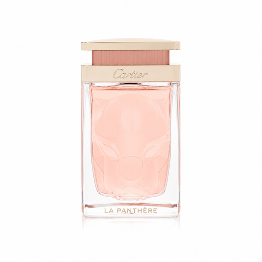 Cartier La Panthère Eau de Toilette perfume bottle with a clear glass body, pale pink liquid, and a beige cap, centered on a white background. 100ml