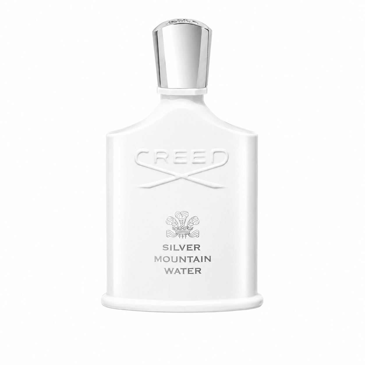 Creed Silver Mountain Water perfume bottle in white with a silver cap, shown on a plain white background. 100ml