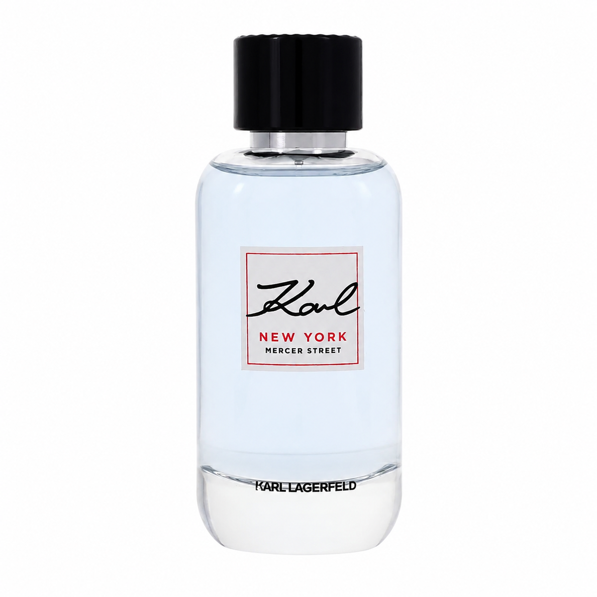 A bottle of Karl Lagerfeld New York Mercer Street fragrance with a clear glass body, pale blue liquid, a black cap, and a white label with red and black text. 100ml