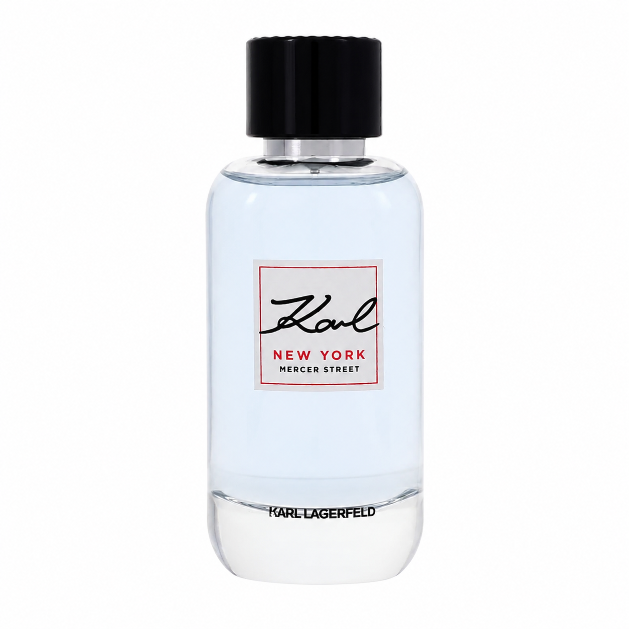 A bottle of Karl Lagerfeld New York Mercer Street fragrance with a clear glass body, pale blue liquid, a black cap, and a white label with red and black text. 100ml
