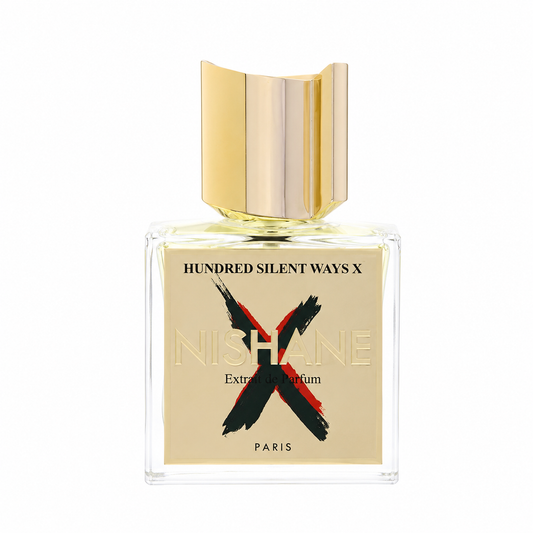 Nishane Hundred Silent Ways X Extraordinary Parfum in a clear glass bottle with a gold cap and a gold label featuring a black and red X logo. 100ml